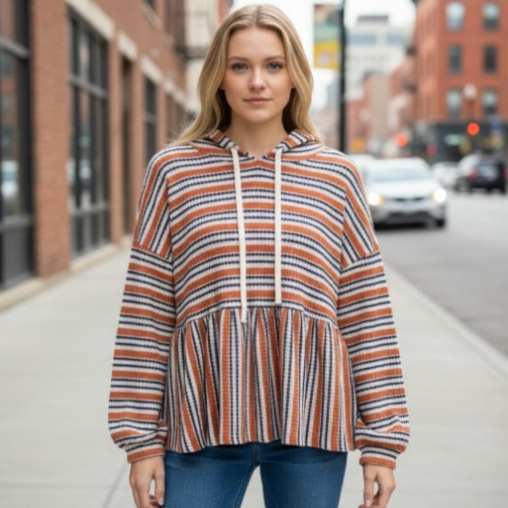 Hummingbird striped bubble sleeve S Hoodie waffle knit